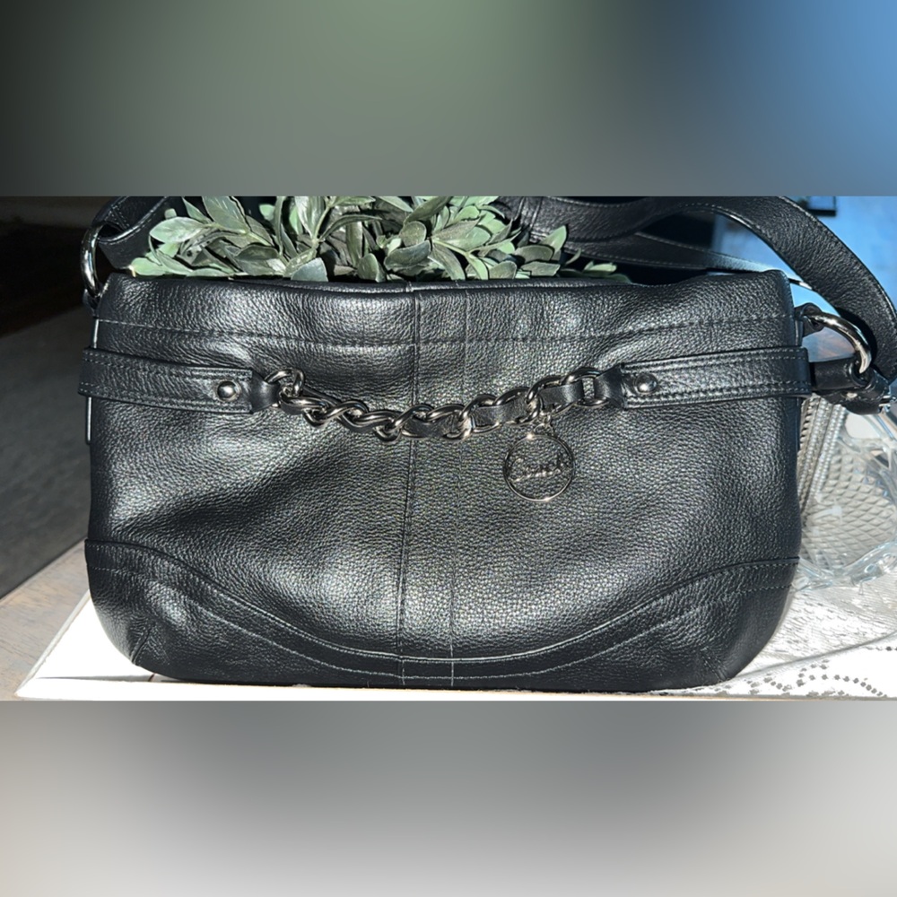 Coach Black Leather Bag with Silver Chain
